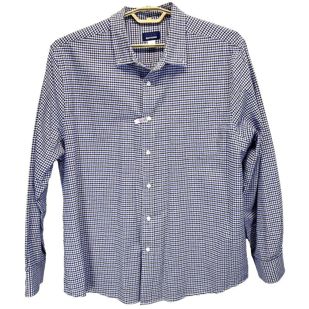 Basic Editions Men's 2XL Blue White Black Check Long Sleeve Dress Shirt EUC